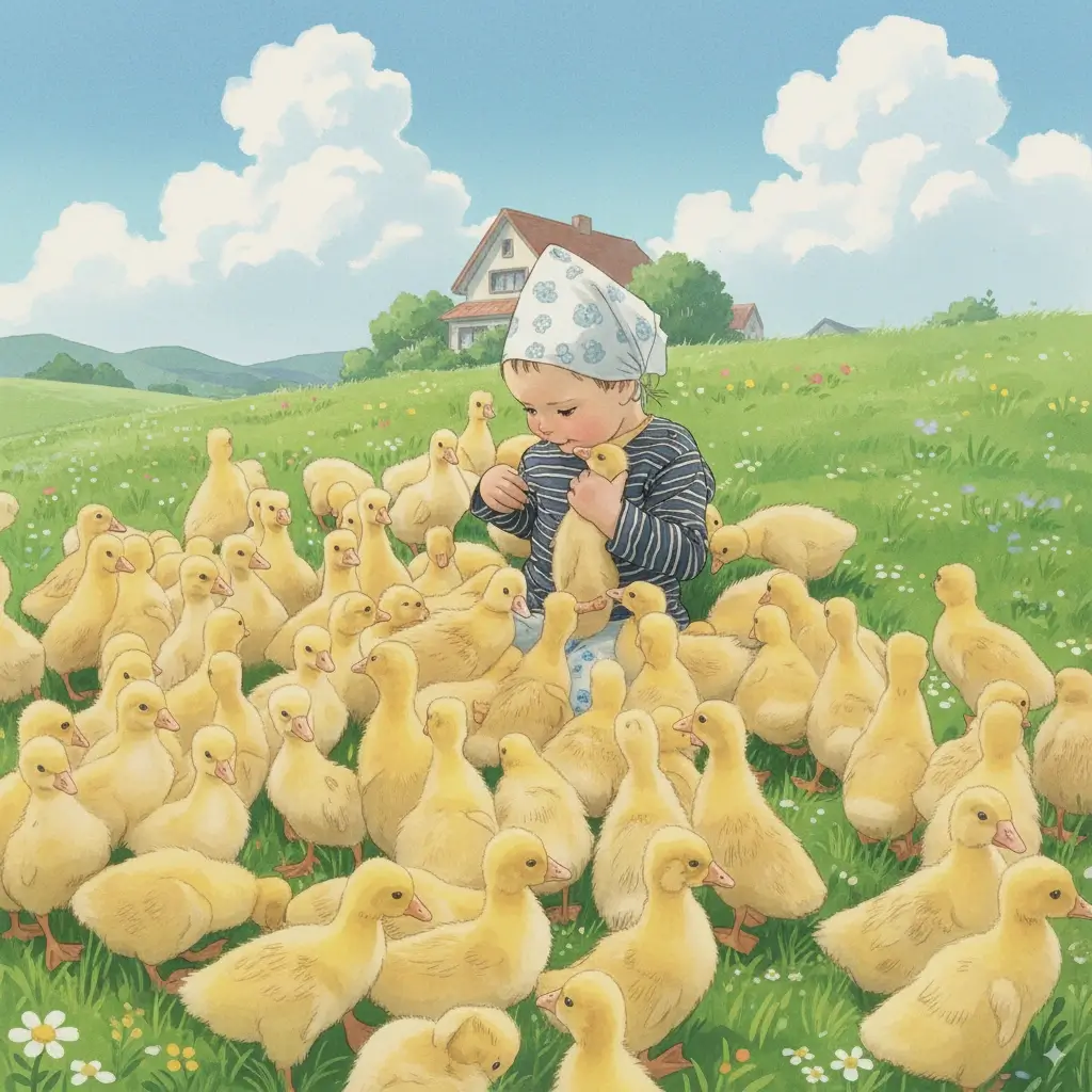Child with ducklings converted to anime artwork