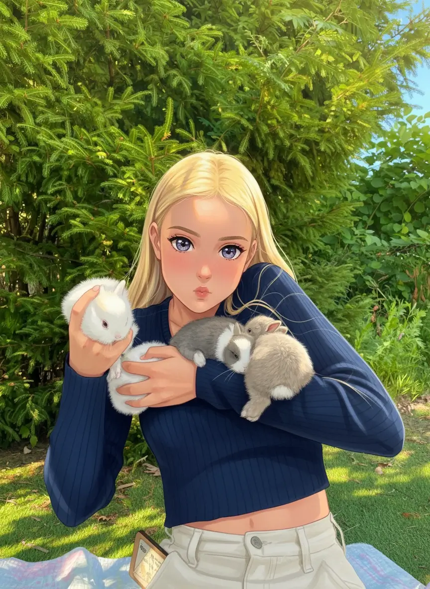 Girl with rabbits transformed to anime character style