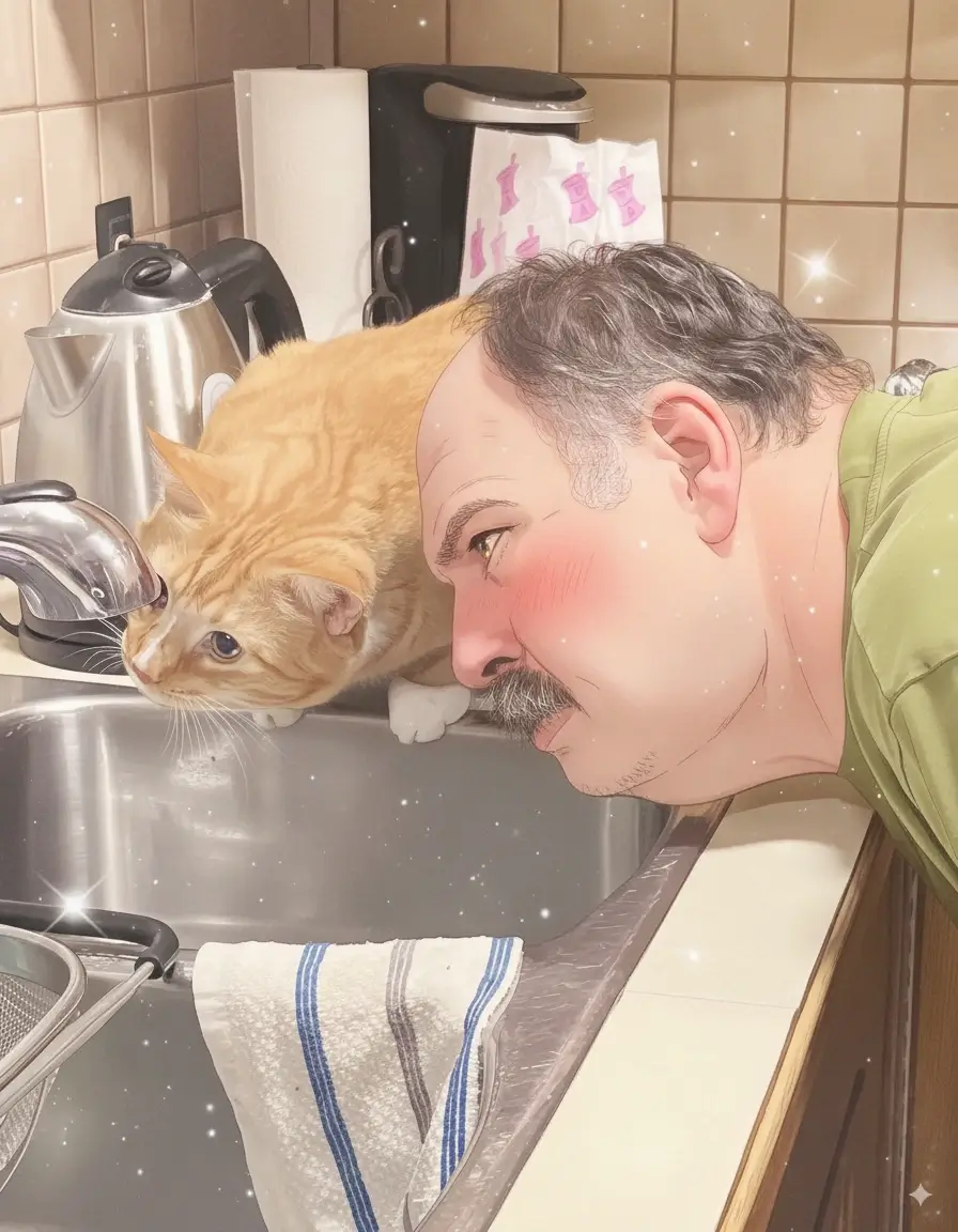 Man kissing cat photo converted to anime style