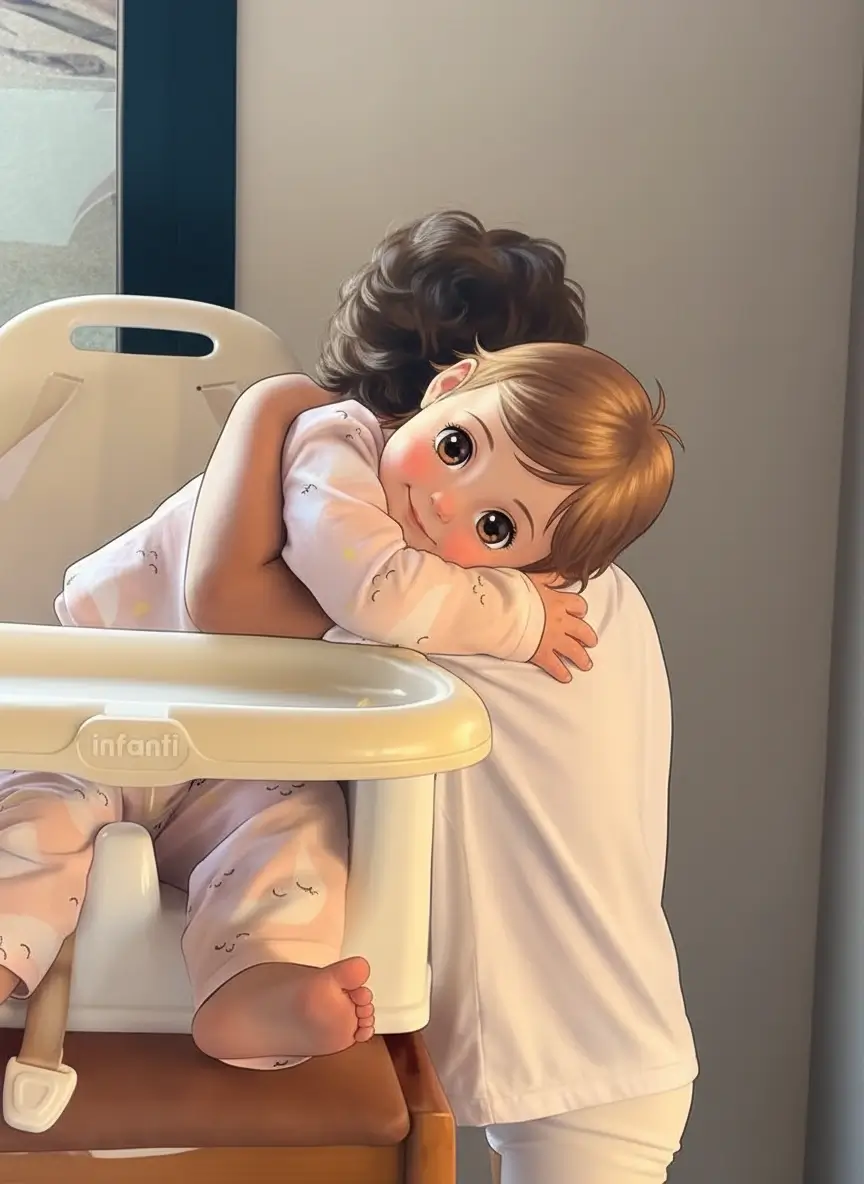 Toddler hugging doll transformed to anime art