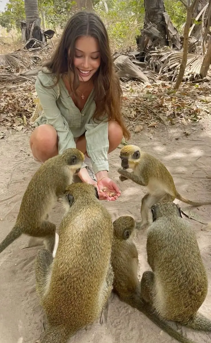 Woman feeding monkeys converted to anime illustration